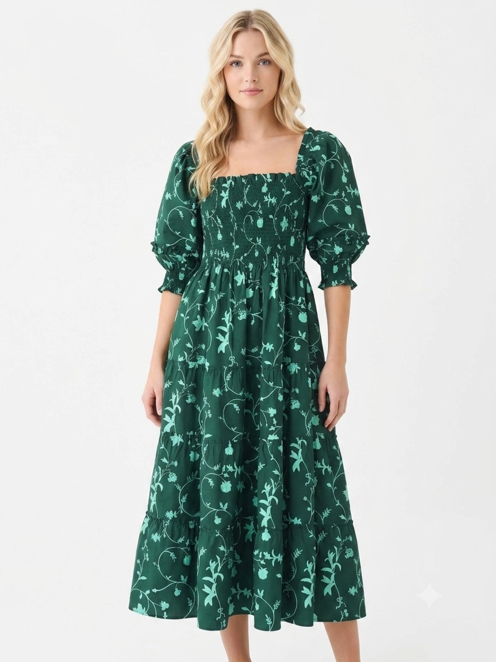 Hill House Nesli Nap Dress Emerald Botanical Green Smocked Midi S